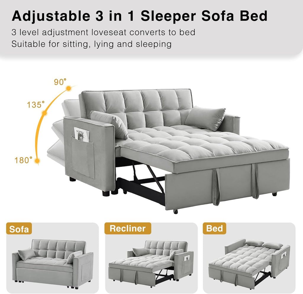 3 in 1 Convertible Sleeper Sofa Bed, Futon Couches for Living Room with Side Pocket | Adjustable Backrest | Velvet Fabric | Pull Out Couch | Small Loveseat | Sectional Sofa Bed(Grey)