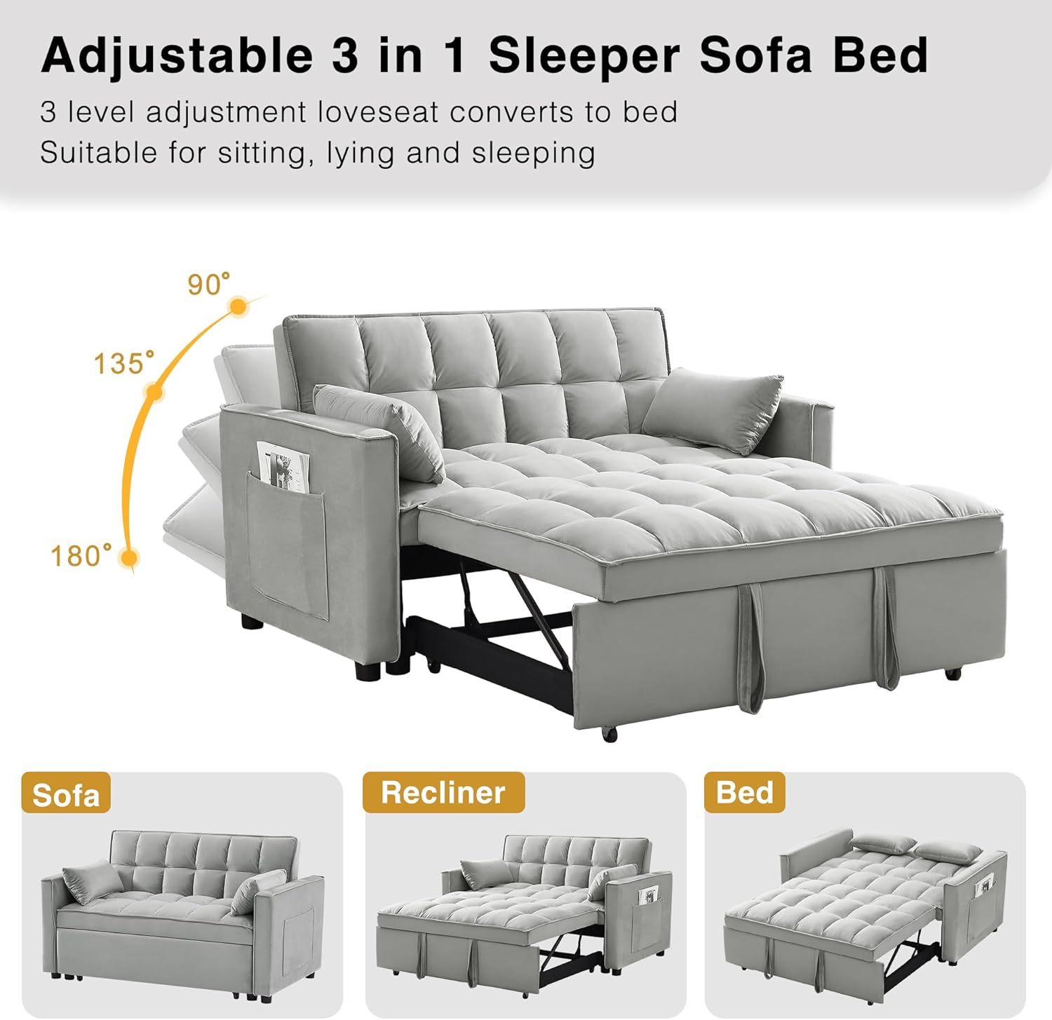 3 in 1 Convertible Sleeper Sofa Bed, Futon Couches for Living Room with Side Pocket | Adjustable Backrest | Velvet Fabric | Pull Out Couch | Small Loveseat | Sectional Sofa Bed(Grey)