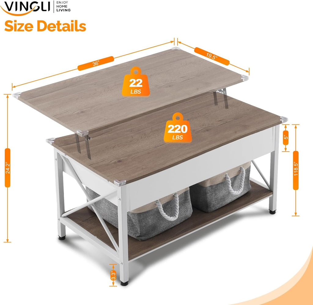 VINGLI 36" Lift Top Coffee Table with Free Cloth Storage Bins, White Walnut Framhouse Coffee Tables for Living Room, Small Modern Coffee Table for Small Space in Minimalistic Style, Dark Walnut