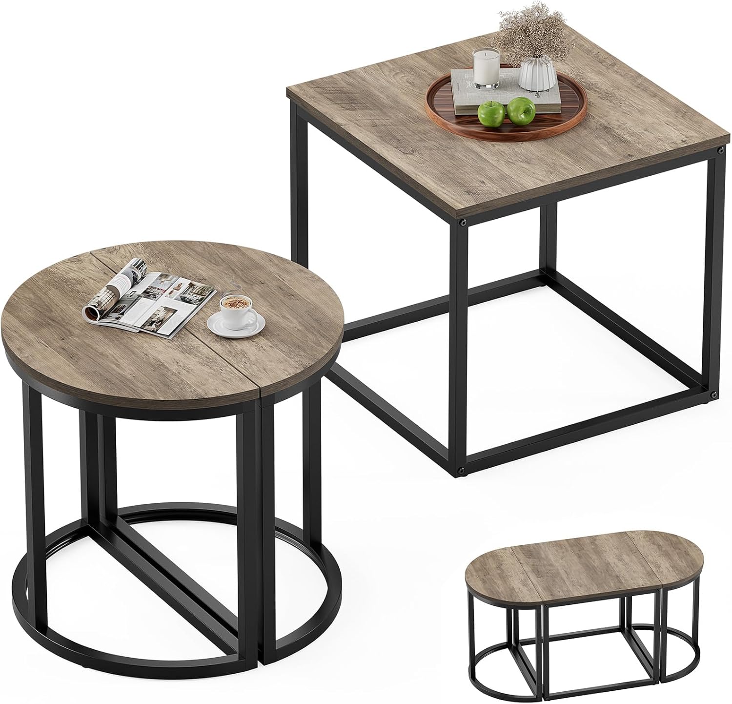 GreenForest Coffee Table Oval 3pcs Set, Modern Living Room Table with 2 End Tables, Small Center Table with Metal Frame for Home Apartment, Gray Wash