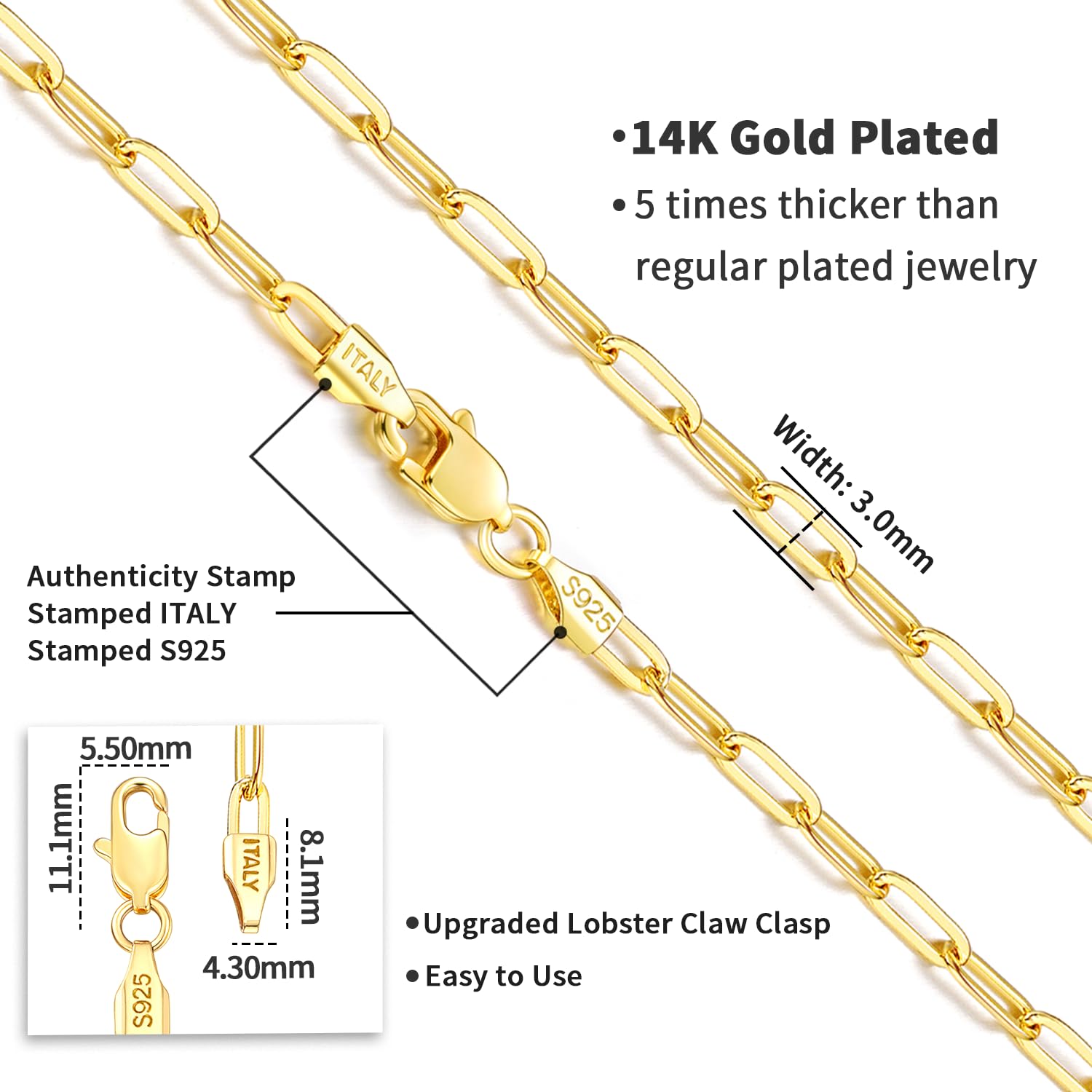 Jewlpire Collana a catena a clip di carta in oro 14K solido italiano da 3mm per donne, catena d'oro per donne lucida e robusta, collane a catena da donna da 18 pollici