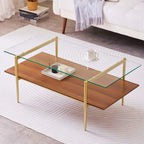 Round Coffee Table, Mid-Century Modern Design, D30 x H17, for Living Room, 2-Tier Structure, Amber Glass Top and Walnut MDF Shelf, Sleek Conical Metal Legs with Gold Finish