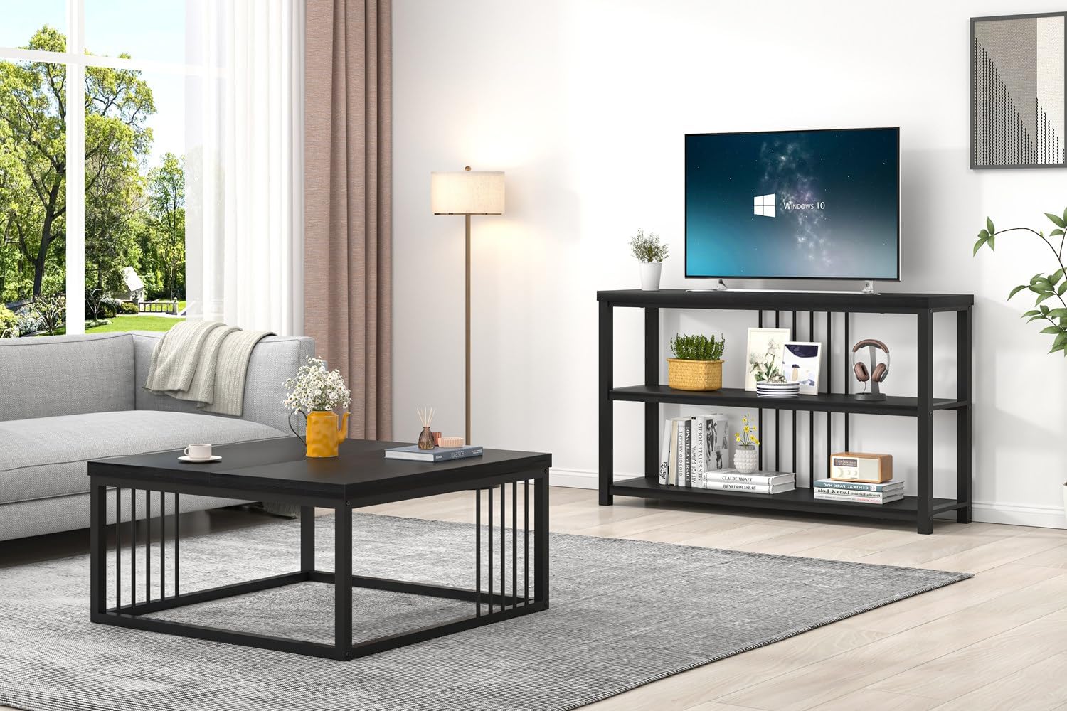 FOLUBAN Black Coffee Table, Modern Square Center Table for Living Room, Industrial Rustic Wood and Metal Cocktail Tea Table, 31.5 Inch