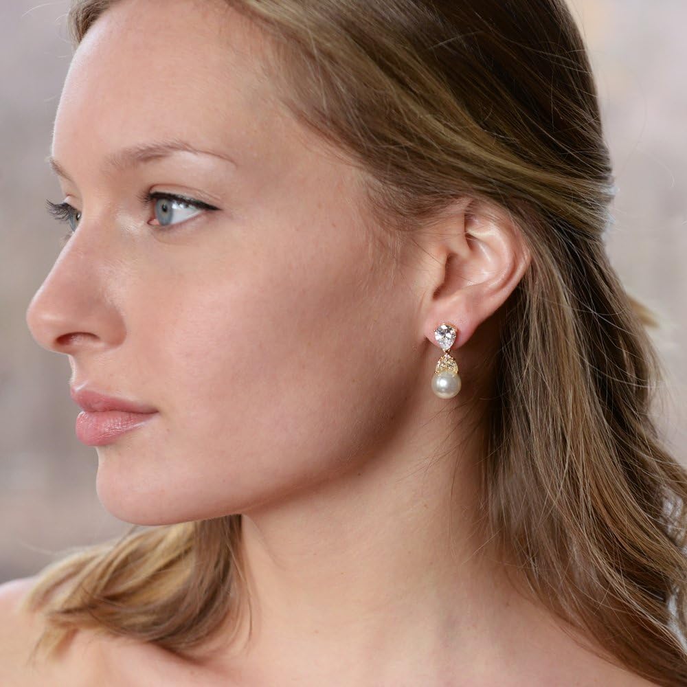Mariell Clip-On Pearl Drop Bridal Earrings with Cubic Zirconia Crystals and Ivory Pearls For Brides, Bridesmaids, Weddings, Jewelry Gift for Women