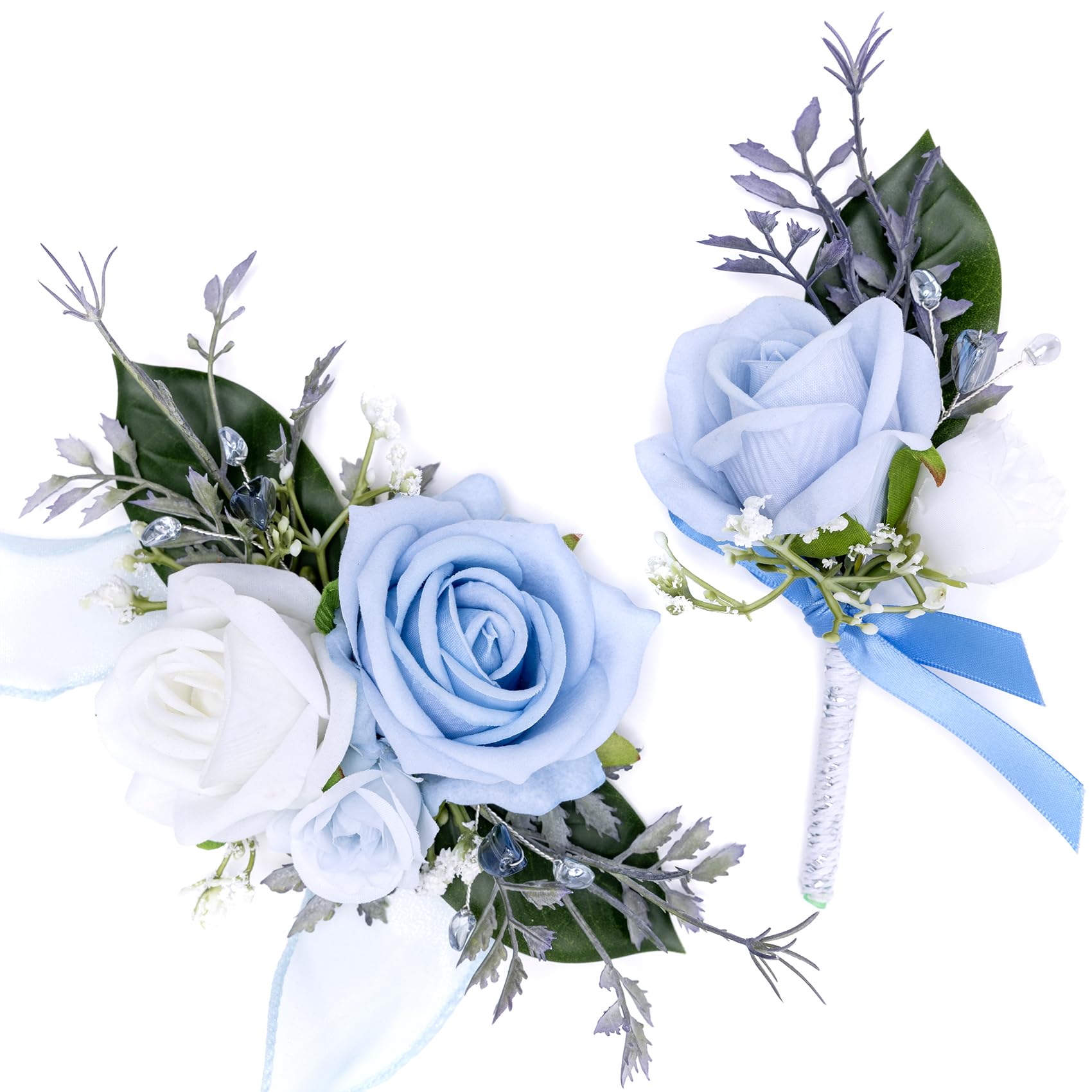 Fnize blå corsage og boutonniere sæt til brud, gom, brudepiger, forlovere, bryllup, hjemkomst, blomster, prom jakkesæt tilbehør, rose boutonniere og håndleds corsage blomst