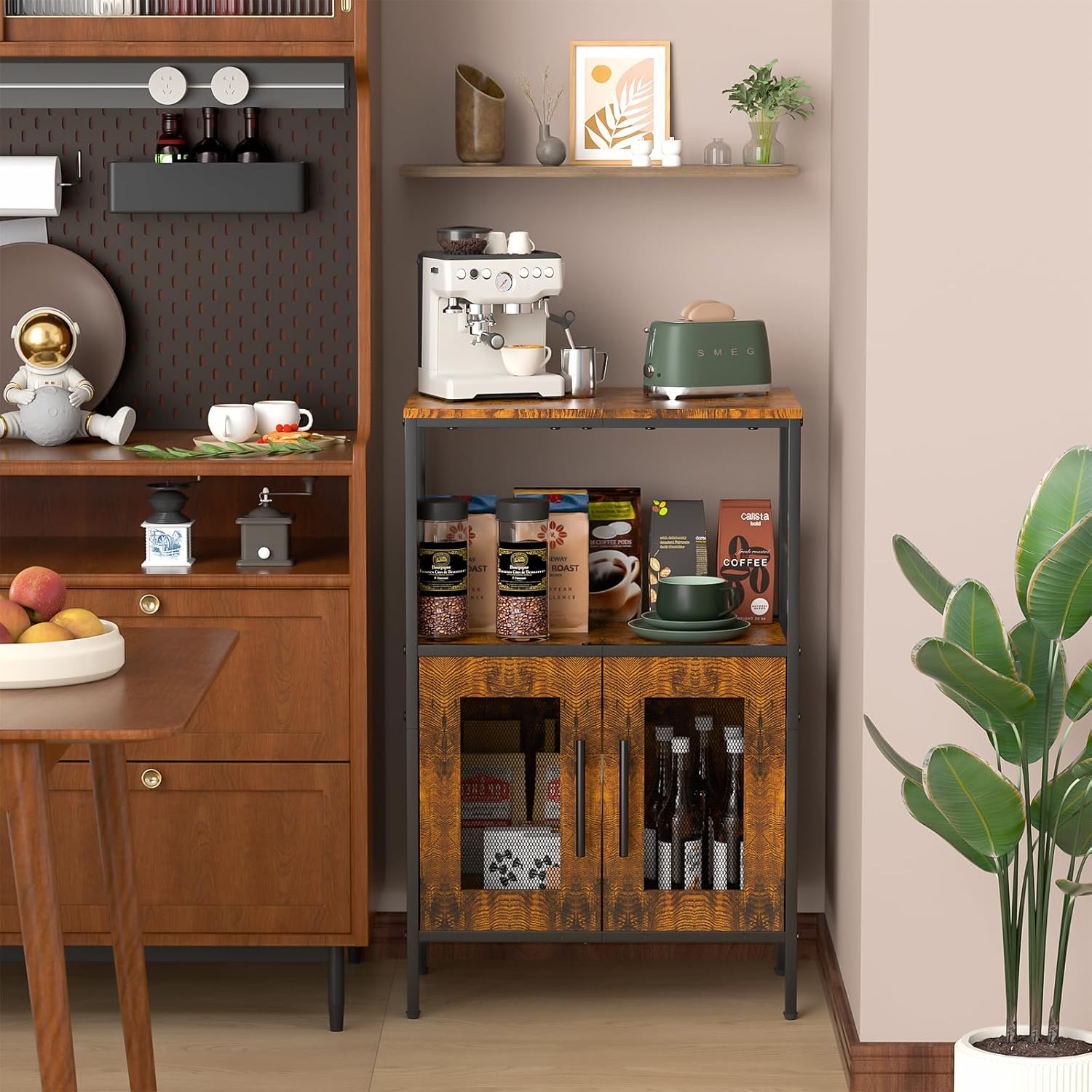 X-cosrack Buffets Coffee Bar Station, 3-Tier Small Coffee Stand Station with Storage, Farmhouse-Style Microwave Cart Featuring 2-Door Cabinet Ideal for Living Room, Entryway, Sideboards