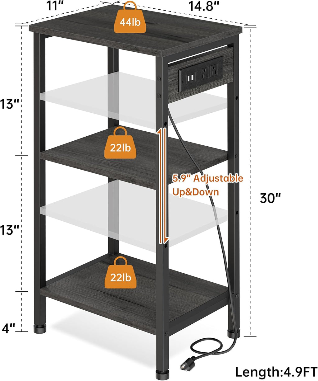 Tall End Table with Charging Station, 3 Tier Narrow Beside Table with Adjustable Shelf, Tall Gray Side Table Nightstand for Bedroom, Living Room Coffe Table, Office, Charcoal Grey