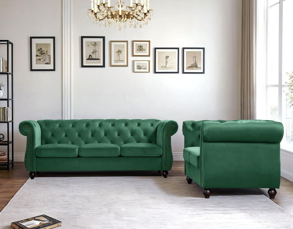 Container Furniture Velvet Chesterfield Couch, Button-Tufted Backrest, Rolled Arms, High-Density Foam with Spring Support, Elegant Accent Piece, Sofa, Dark Blue