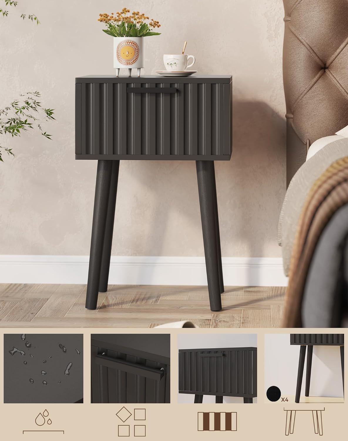 YMYNY Fluted Nightstand Set of 2, Small End Table, Modern Coffee Table with Drawer, Solid Wood Legs, Retaining Chain, 13.8" x 10.6" x 20.9", for Bedroom and Small Spaces, Black UHST014B-2