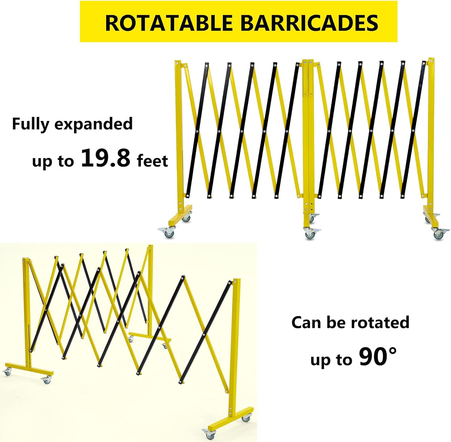 Garvee 19.8 ft Industrial Expandable Metal Barricade, Rotatable & Portable Safety Barrier with a Warning Board and Casters, Retractable Traffic Fence Mobile Safety Barrier Gate Yellow Black