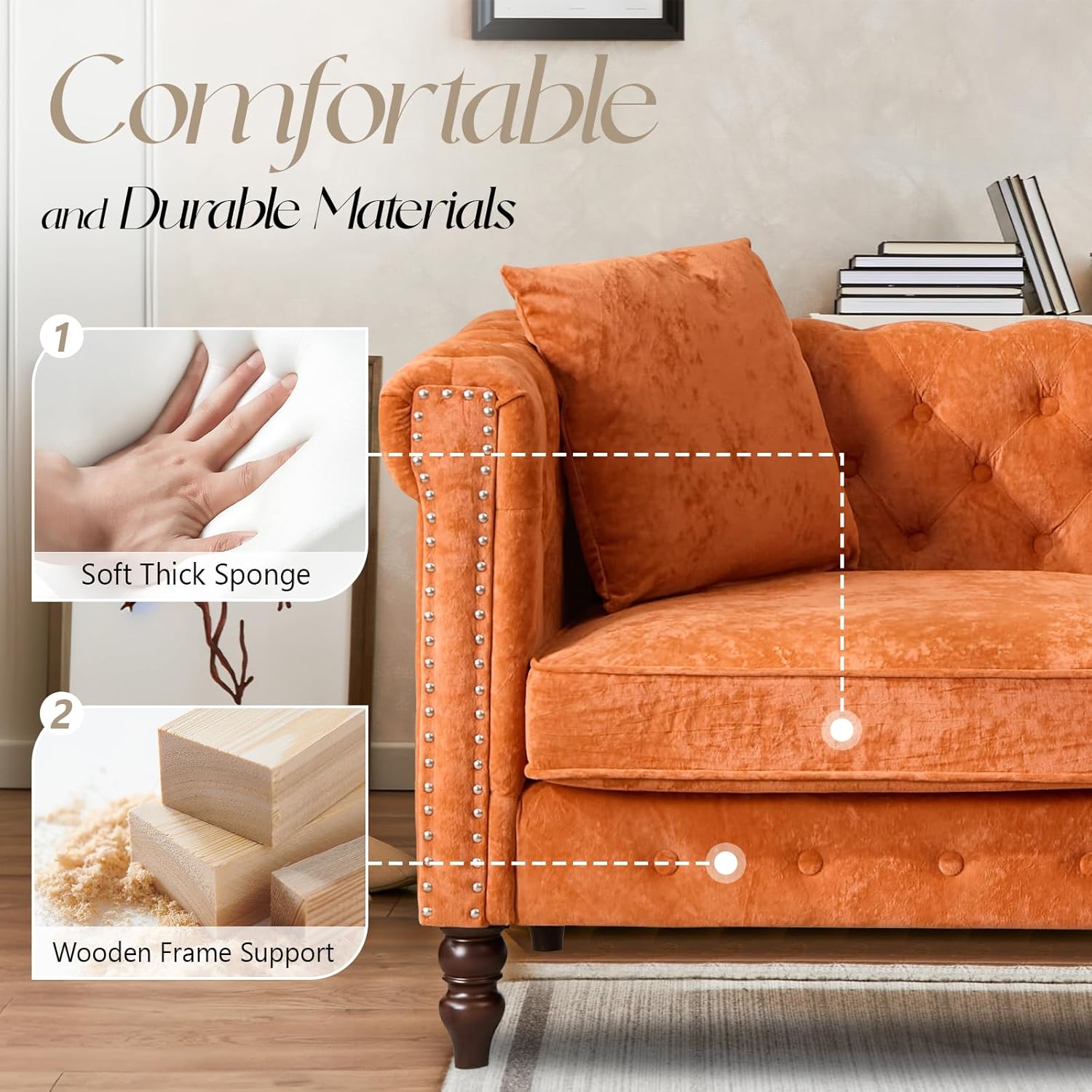 62" Chesterfield Tufted Velvet Sofa Couch with Gourd Wooden Legs, Classic Loveseat Sofa Couch with Nailhead Trim and Flared Arms, Comfy Loveseat Sectional with Chaise for Living Room, Orange