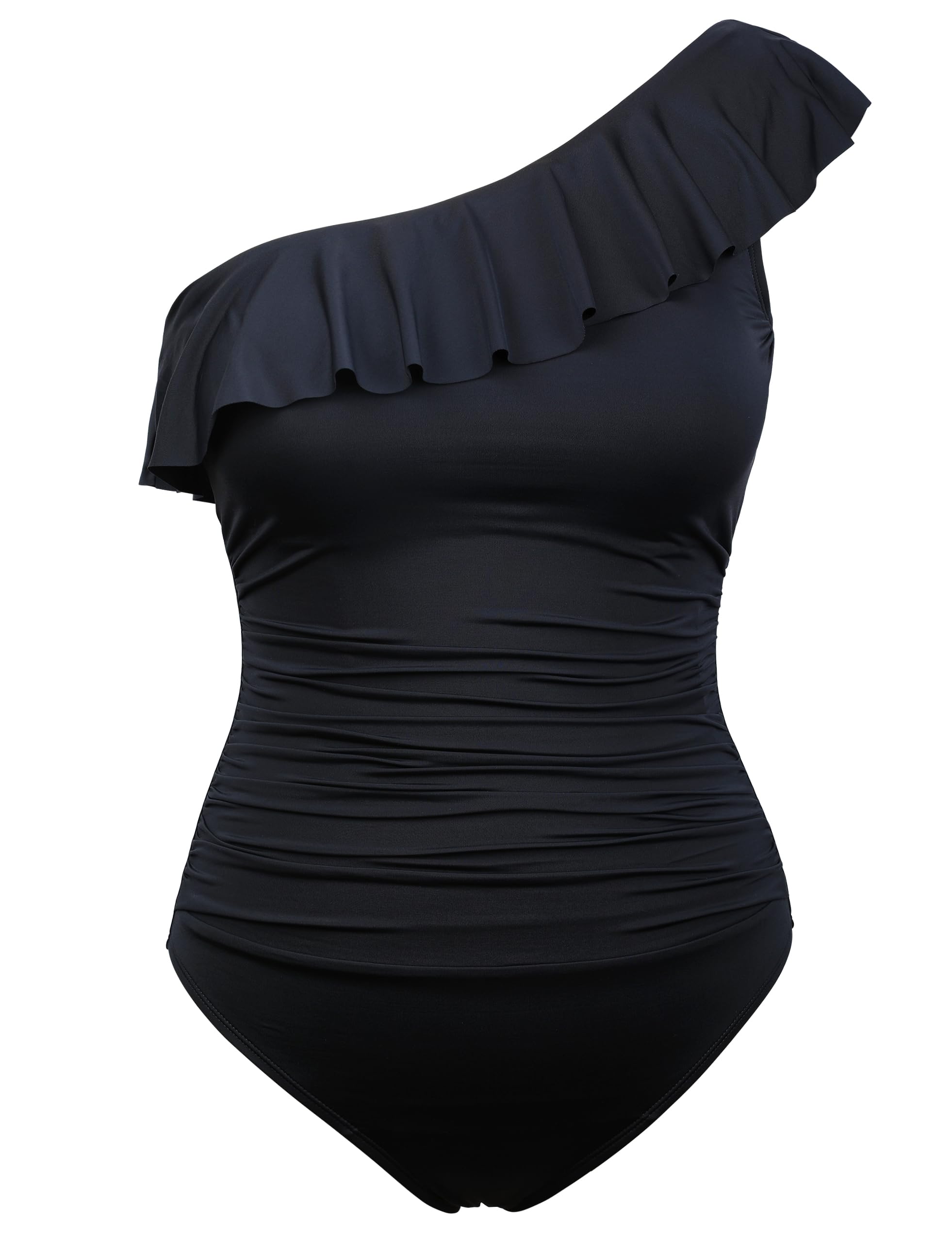 Hilor Women's One Piece Swimsuits One Shoulder Swimwear Asymmetric Ruffle Monokinis Bathing Suits Black 10