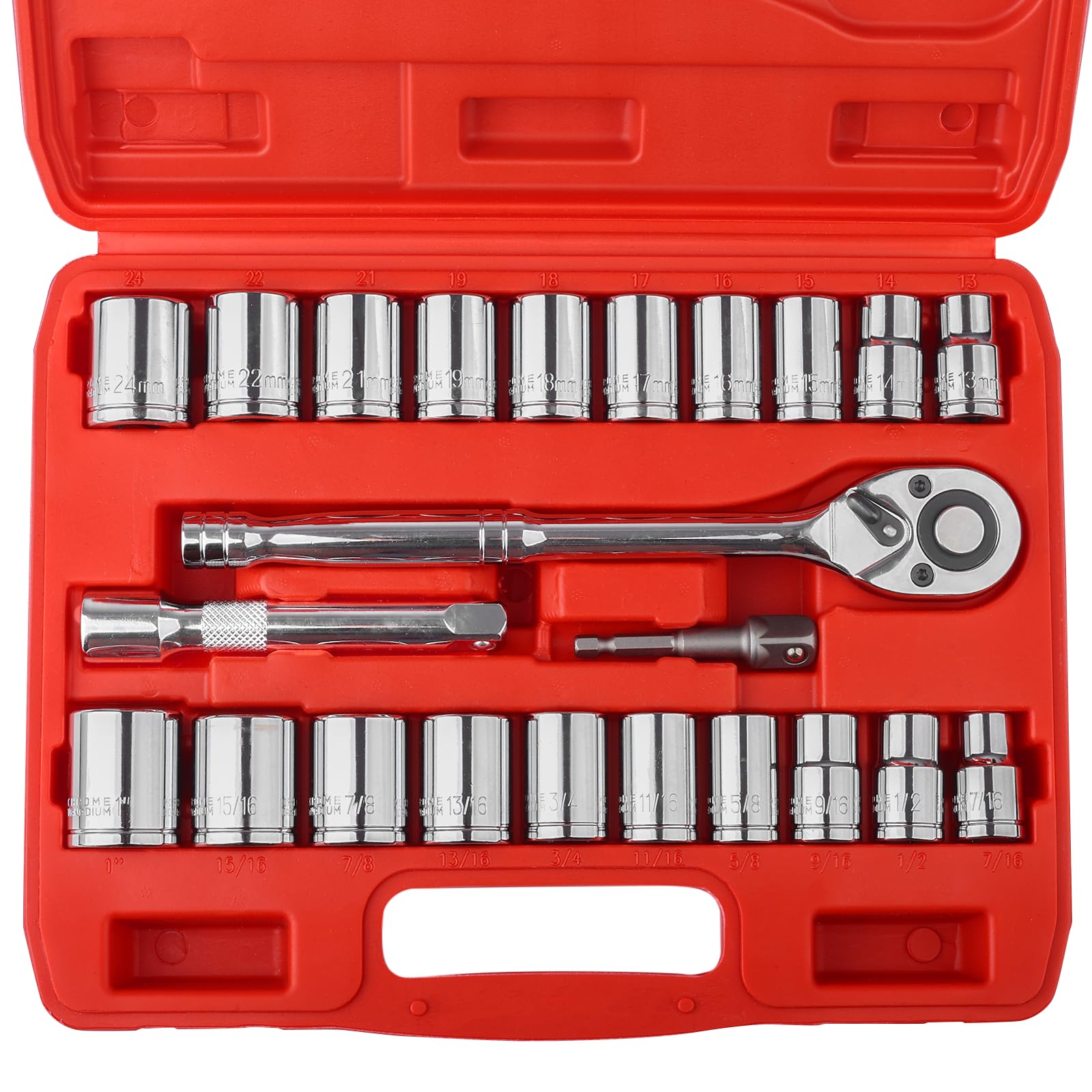 Egofine 46 Pieces 1/4 inch Drive Socket Ratchet Wrench Set, with Bit Socket Set Metric and Extension Bar for Auto Repairing and Household, with Storage Case