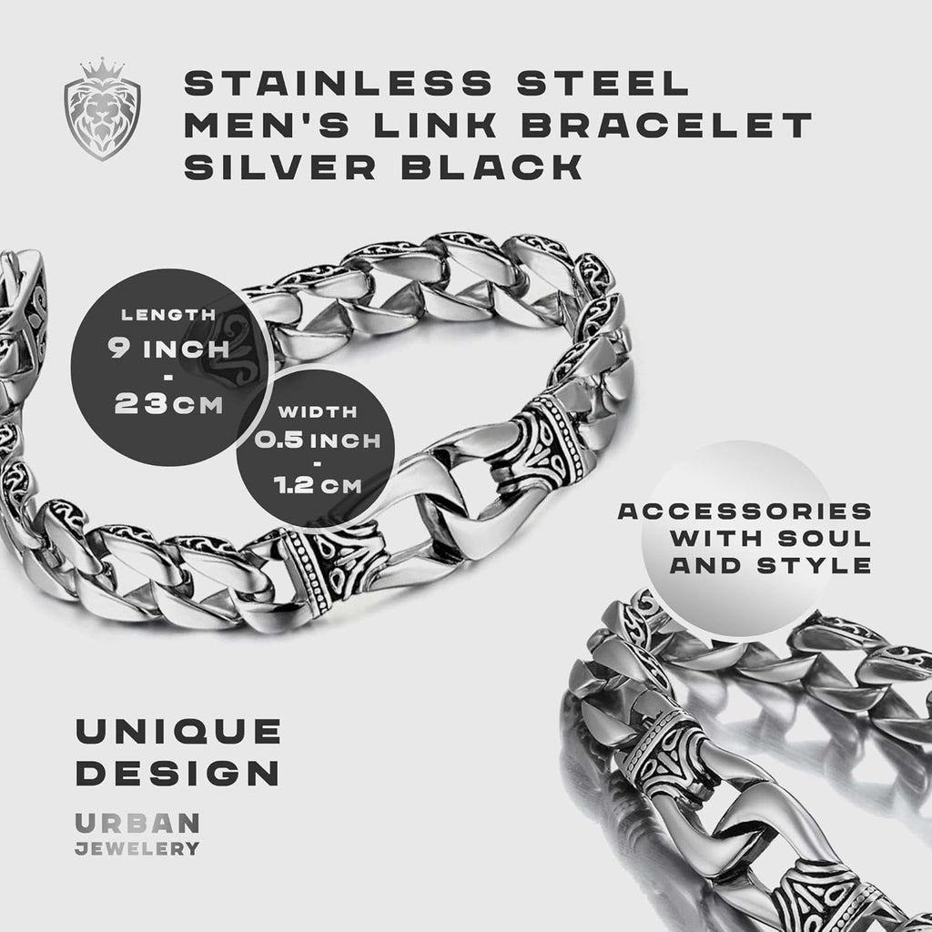 Urban Jewelry Men’s Stainless Steel Link Bracelet – 9-Inch Heavy 0.5” Wide Chain – Silver/Black or Gold/Black – Chain Option – Bold Design – Gift Box Included