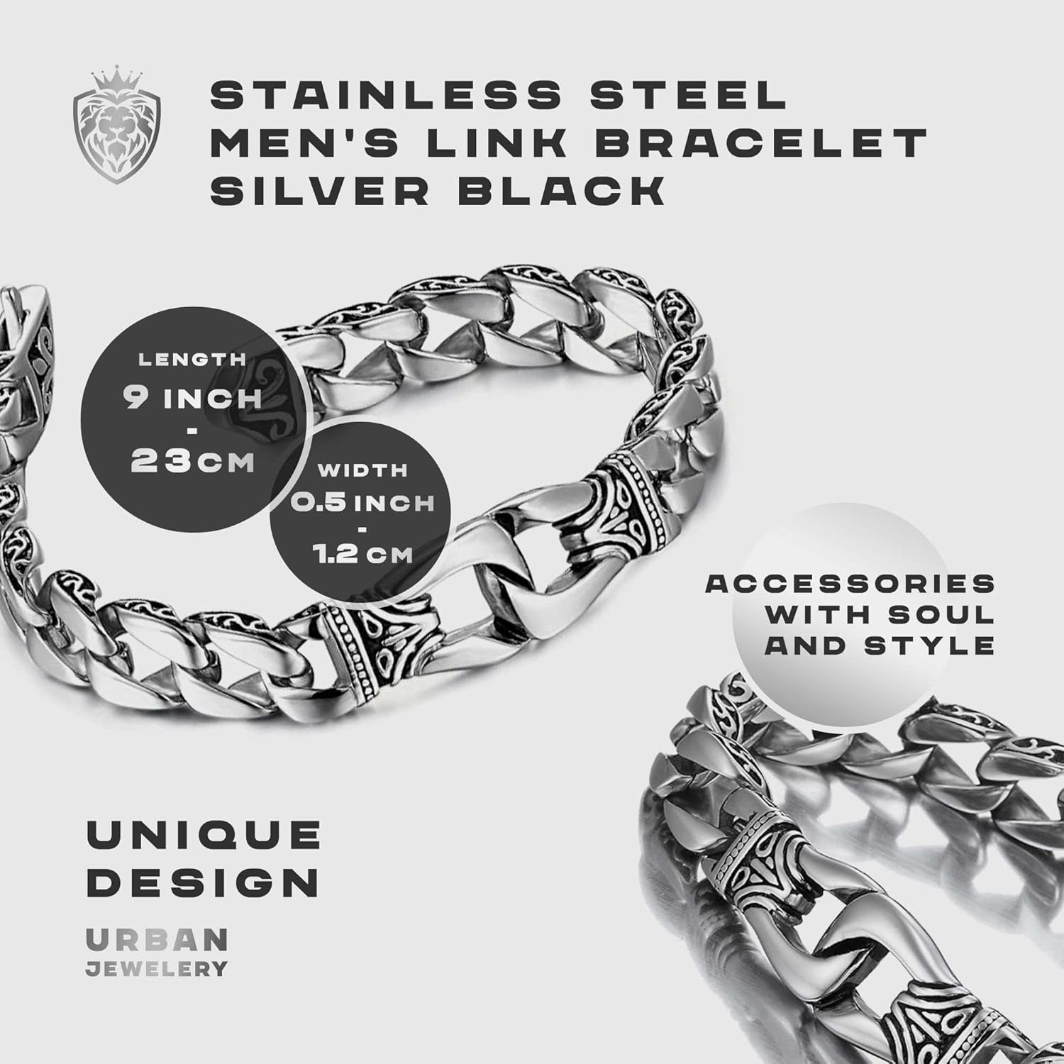 Urban Jewelry Men’s Stainless Steel Link Bracelet – 9-Inch Heavy 0.5” Wide Chain – Silver/Black or Gold/Black – Chain Option – Bold Design – Gift Box Included