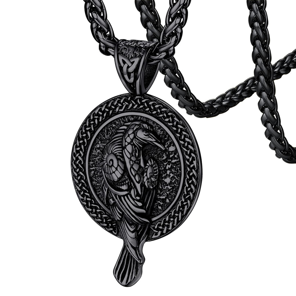 FaithHeart Viking Raven Necklace for Men, Norse Mythology Raven Skull Pendant Sturdy Stainless Steel Amulet Jewelry Gift for Men
