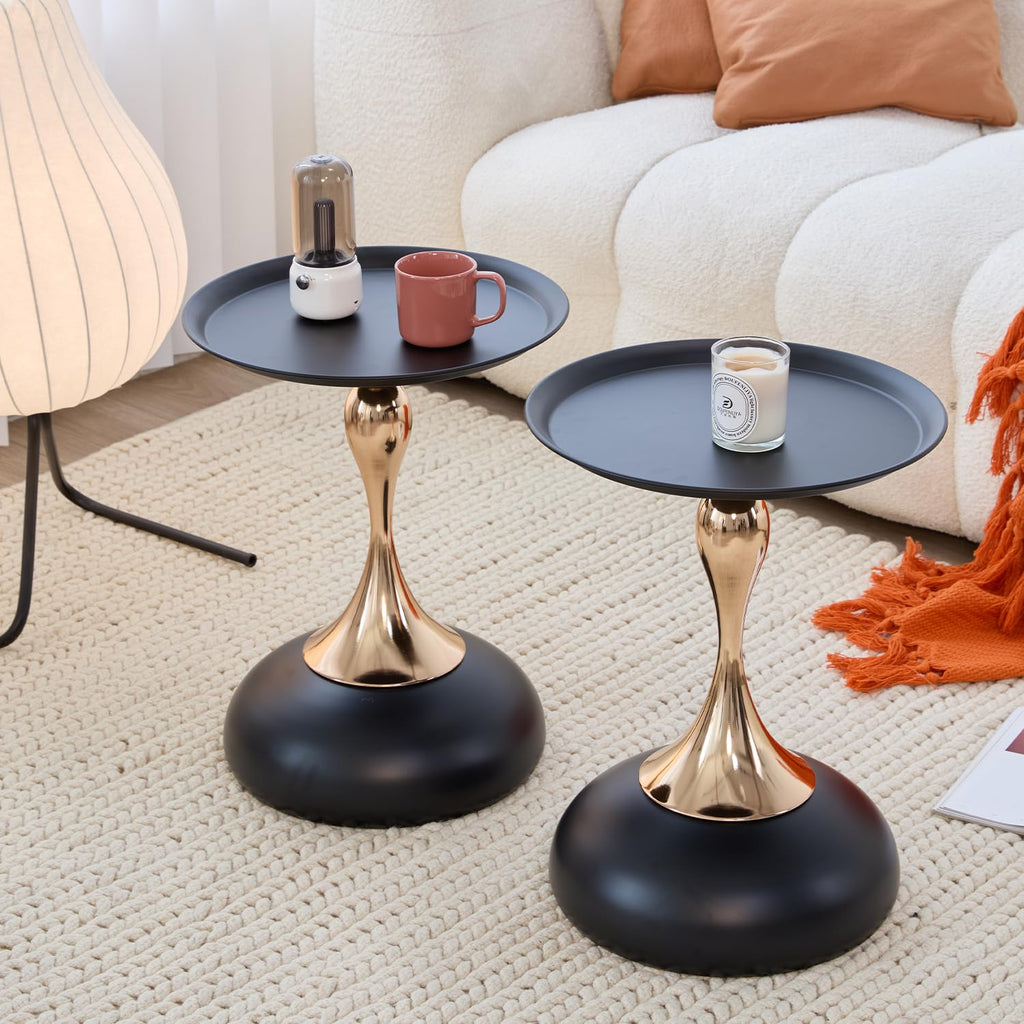Modern Round Side Table with Gold Pedestal Base, Black Metal Top, Accent End Table for Living Room (White)