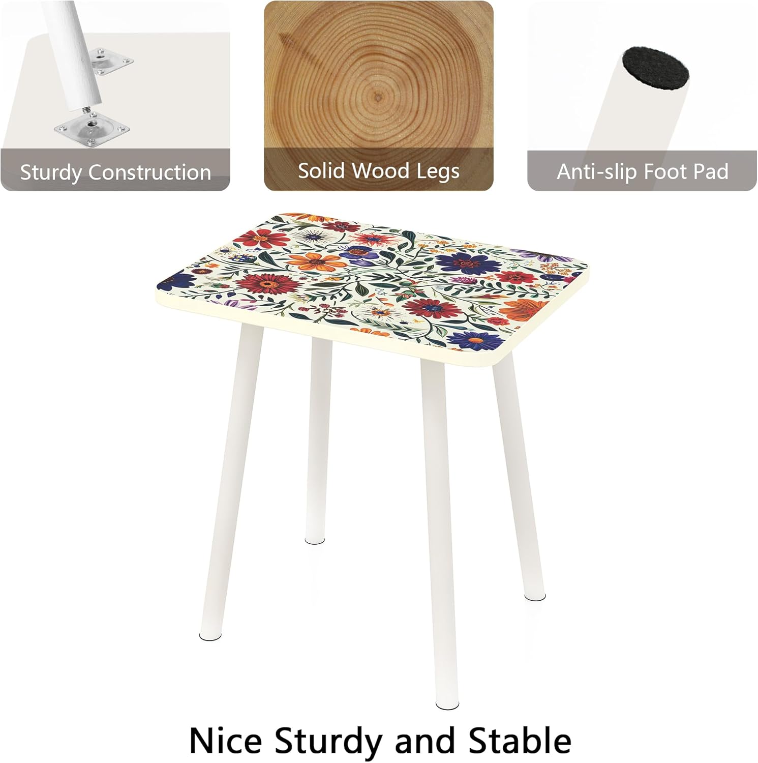 Mandala Small Rectangle End Table, Side Table with Black Flowers Finish, Retro Modern Small Coffee Table for Balcony, Living Room(11.8" D x 15.7" W x 17" H, White, Rectangle)