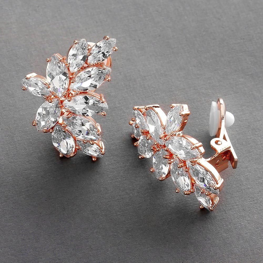 Mariell Rose Gold Clip-On Cubic Zirconia Crystal Bridal Earrings, Marquis Shape CZ Curved Clusters, Non-Pierced Earrings for Wedding, Bridesmaids, Homecoming, Mother of the Bride
