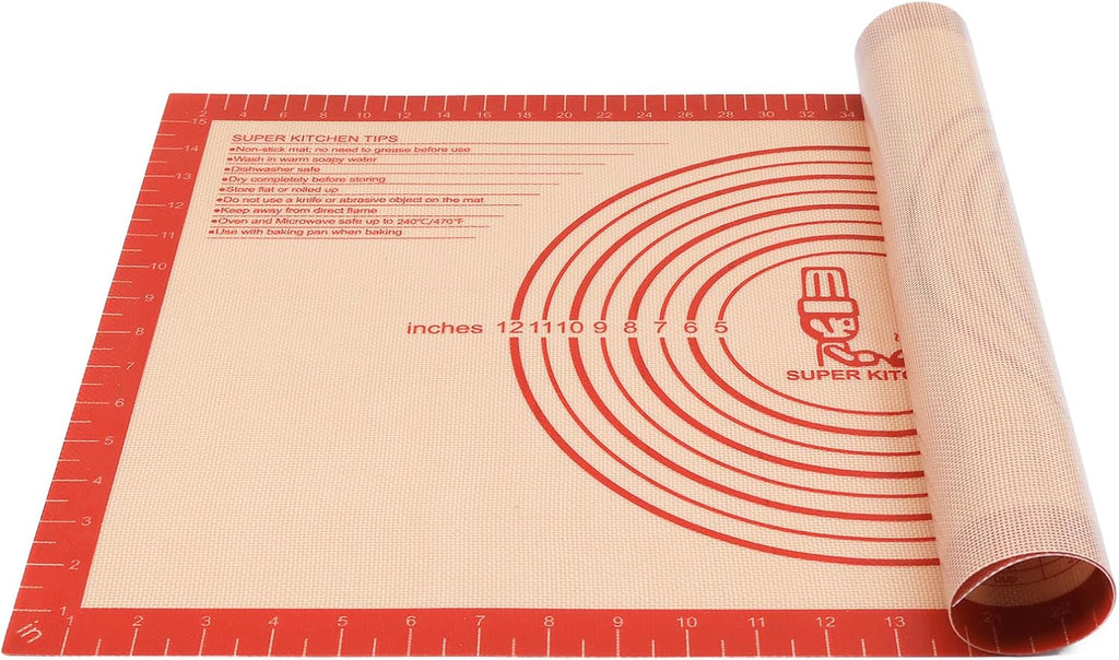 Non-slip Silicone Pastry Mat Extra Large with Measurements 16''By 26'' for Silicone Baking Mat, Counter Mat, Dough Rolling,Oven Liner,Fondant/Pie Crust By Folksy Super Kitchen Red