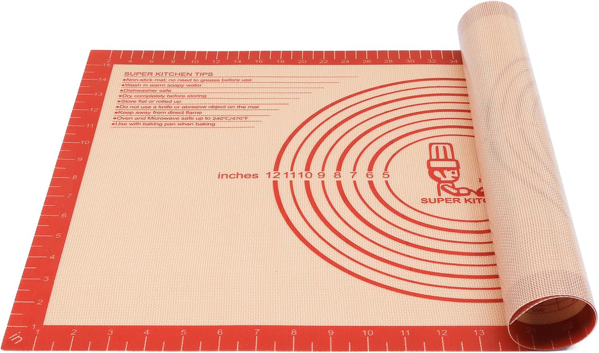 Non-slip Silicone Pastry Mat Extra Large with Measurements 16''By 26'' for Silicone Baking Mat, Counter Mat, Dough Rolling,Oven Liner,Fondant/Pie Crust By Folksy Super Kitchen Red