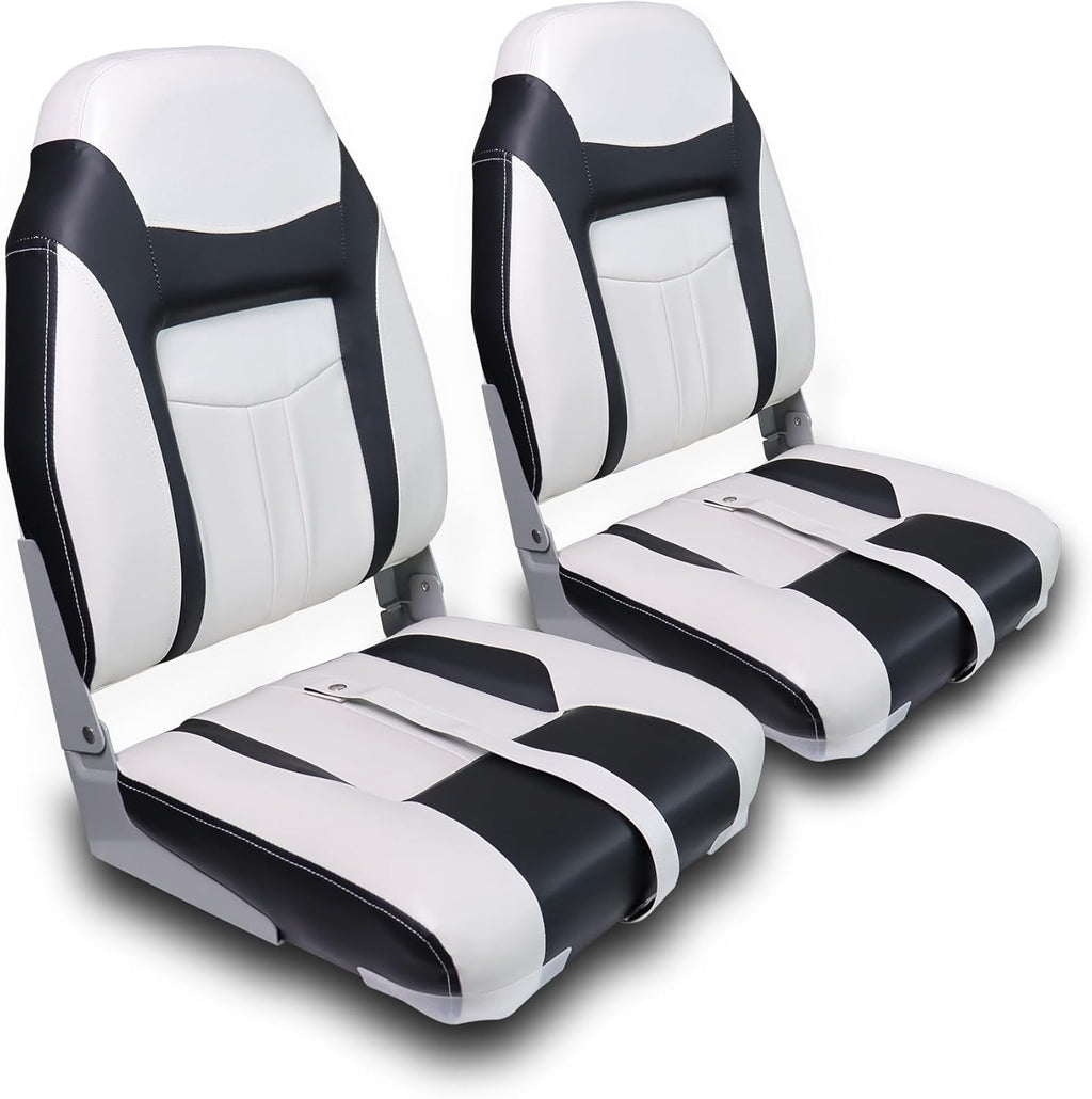 High Back Boat Seats 2 Pack, Folding Fishing Bass Boat Seat, White and Black