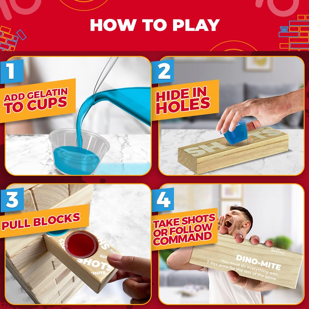 SWOOC Games - Giant Tower Party Game with Hidden Shots Holes & 60 Commands - Includes 60 Blocks, 104 Disposable Cups with Lids & Carrying Case - Tipsy Topple Game - 2.5ft - Grows to 5ft