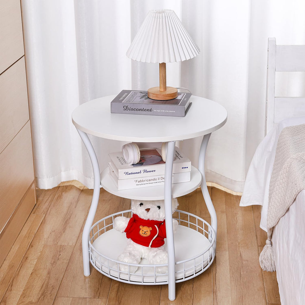 Round Side Table,3 Tier End Table with Storage Shelves for Living Room, Accent Sofa Couch Table for Small Spaces,Nightstand with Metal Frame for Bedroom, Rustic Brown - 19.7"