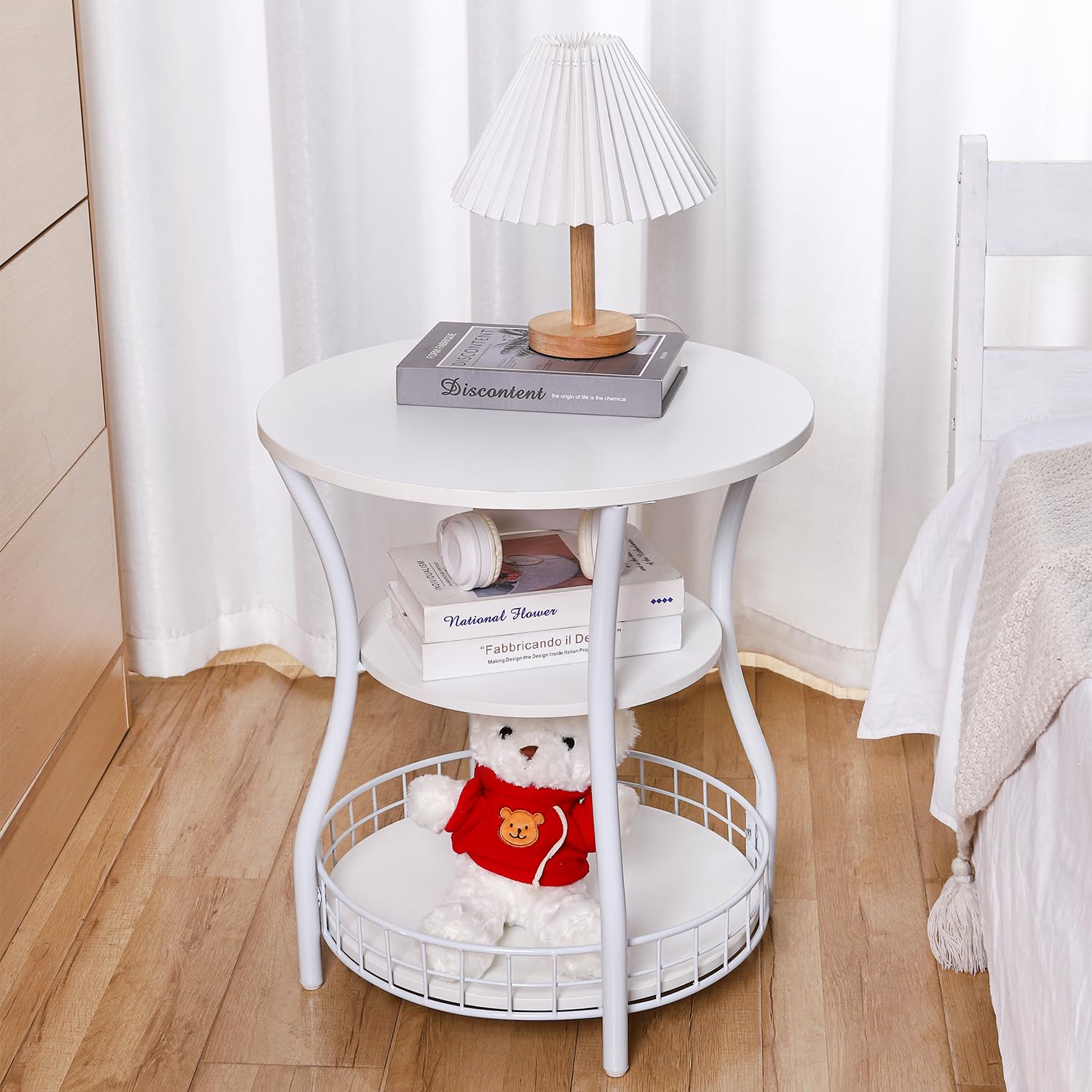 Round Side Table,3 Tier End Table with Storage Shelves for Living Room, Accent Sofa Couch Table for Small Spaces,Nightstand with Metal Frame for Bedroom, Rustic Brown - 19.7"