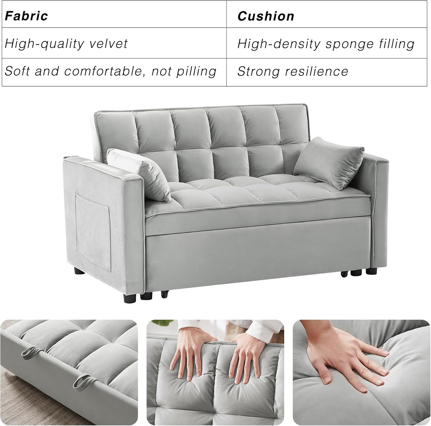 3 in 1 Convertible Sleeper Sofa Bed, Futon Couches for Living Room with Side Pocket | Adjustable Backrest | Velvet Fabric | Pull Out Couch | Small Loveseat | Sectional Sofa Bed(Grey)