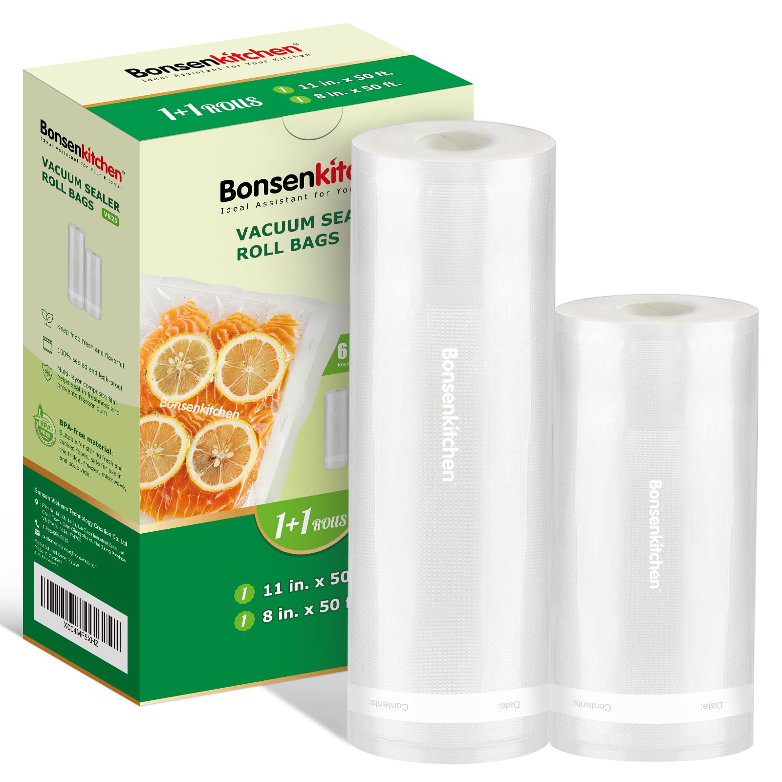Bonsenkitchen Vacuum Sealer Rolls Bags, 6 Pack 3 Rolls 11" x 20' + 3 Rolls 8" x 20' Commercial Grade BPA Free Bag Rolls, Durable Customized Size Food Vac Bags for Storage and Sous Vide Cooking VB3211
