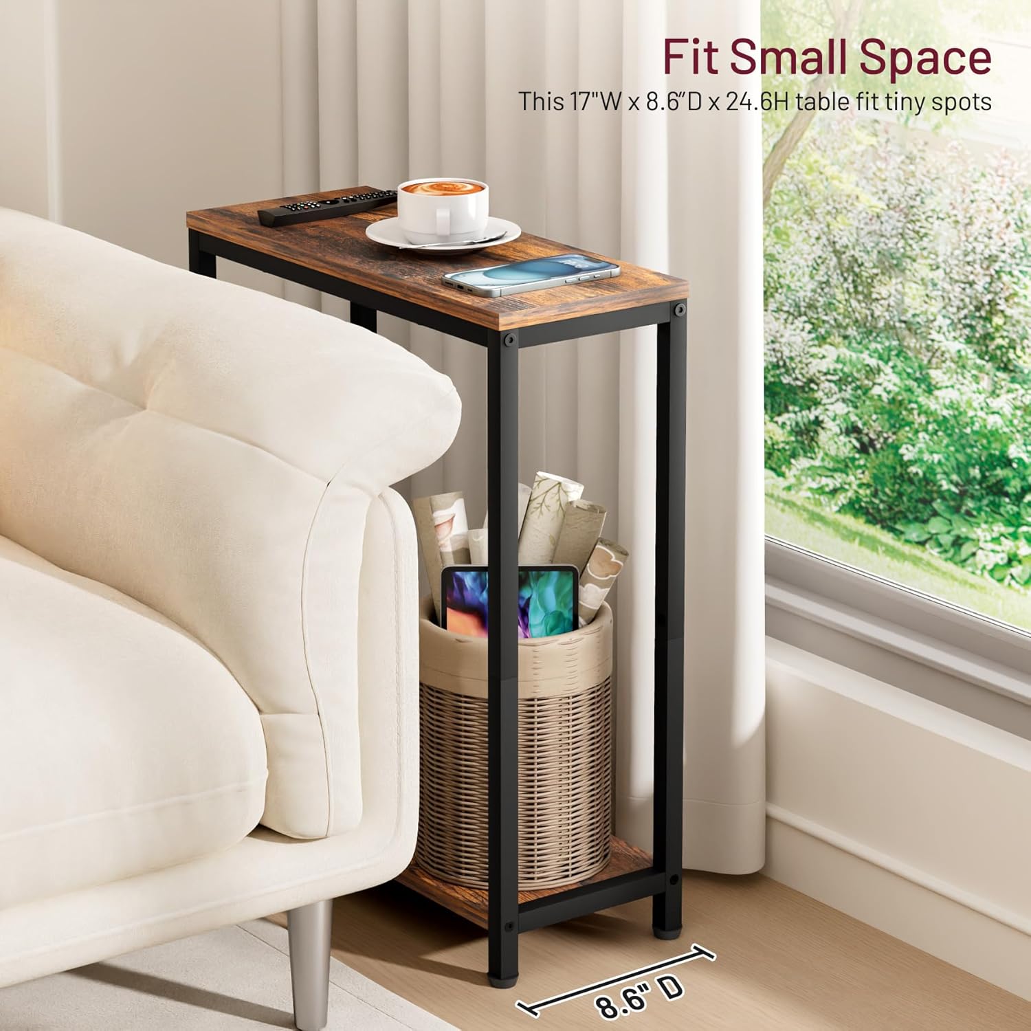 SLEEPING LAMB Narrow Small Side Table for Small Space, 2 Tier Sofa Skinny End Table for Living Room, Bedroom Beside Slim Nightstand, Rustic Brown and Classic Black