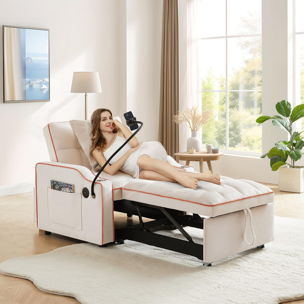 Convertible Single Sleeper Chair Bed,3 in 1 Velvet Futon Sleeper Sofa Bed with Phone Holder&USB Ports,Pull Out Couch Bed,Adjustable Recliner Armchair bed for Living Room,Office,Small Places(Grey)