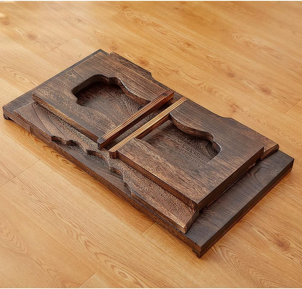 Foldable Wooden Laptop Desk, Breakfast in Bed Serving Tray, Japanese Floor Table for Tea & Coffee, Portable Antique Meditation Altar (23.6”x13.4”x10.6”)