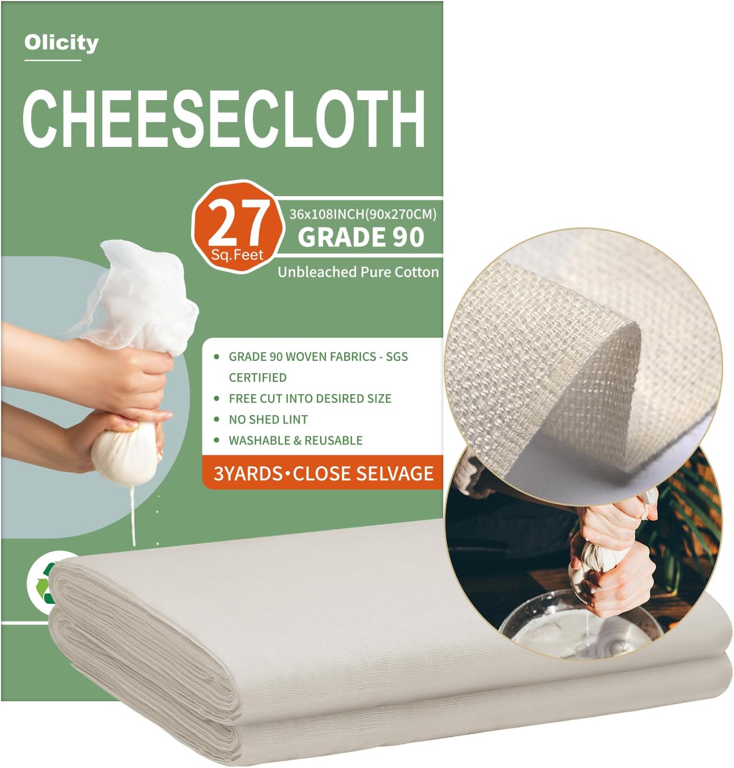 Olicity Cheese Cloths, Grade 90, 27 Sq Feet, Reusable Cheese Cloth with Closed Edges Unbleached Cotton Cheesecloth for Straining, Fine Mesh Fabric Muslin Cloth for Cooking, Rice,Sushi,Crafts - 3 Yards