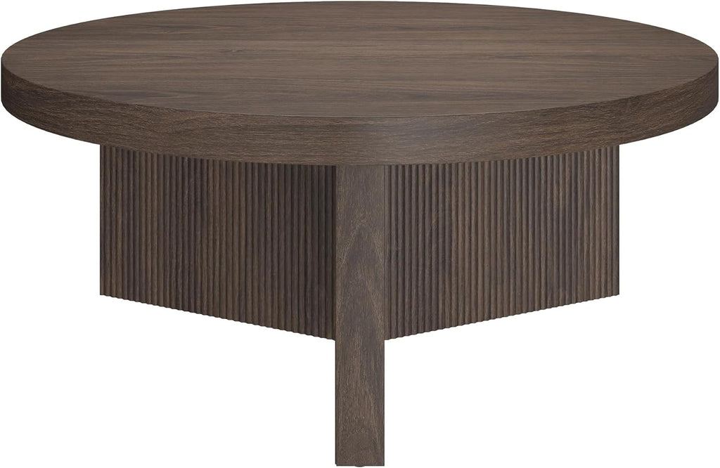 Henn&Hart 36" Fluted Round Wood Pedestal Low-Profile Coffee Table for Living Room, Family Room, or Office, Alder Brown