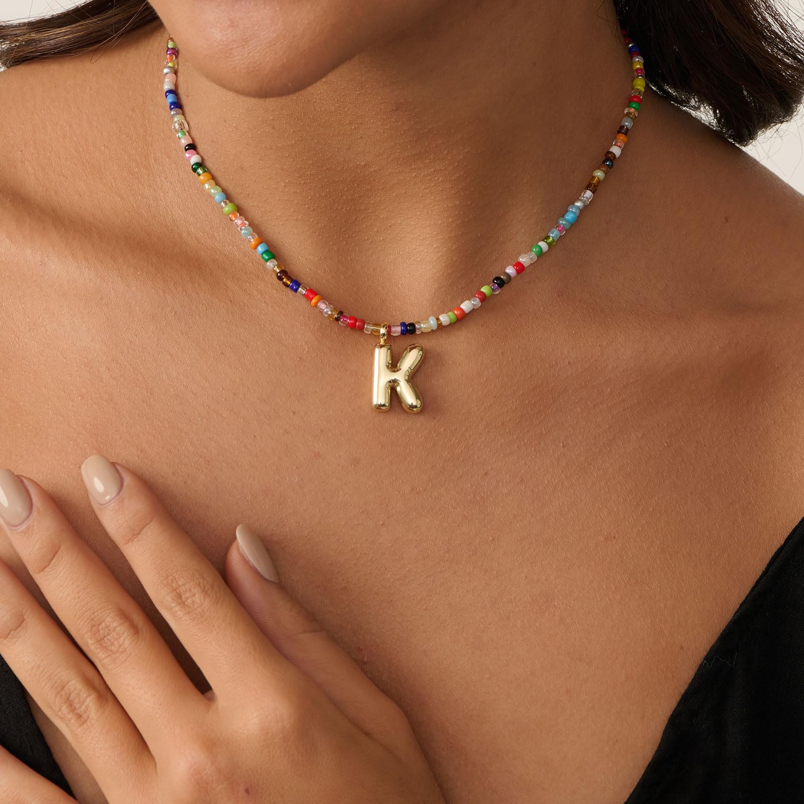 VRIUA Colorful Initial Necklaces for Women – Bubble Letter A Necklace Handmade Beaded Necklace Dainty Summer Beach Boho Necklaces for Women Cute Trendy Jewelry Choker Necklace