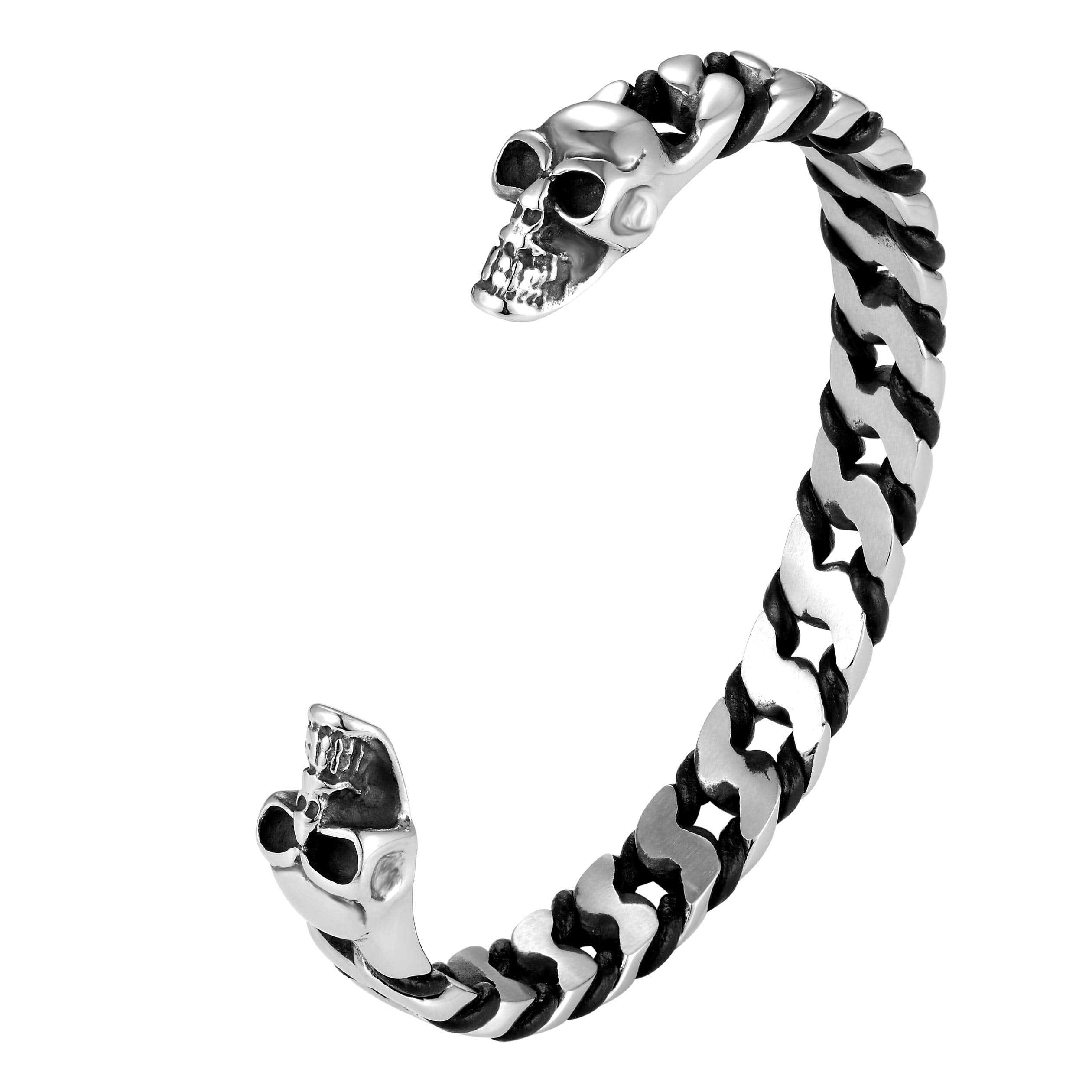 Bold Men’s Biker Bracelet – Skull, Wolf, and Foxtail Chain Designs in Polished Silver & Black Genuine Leather – Rust & Discoloration Resistant Stainless Steel – Jewelry Gift or Accessory for Men