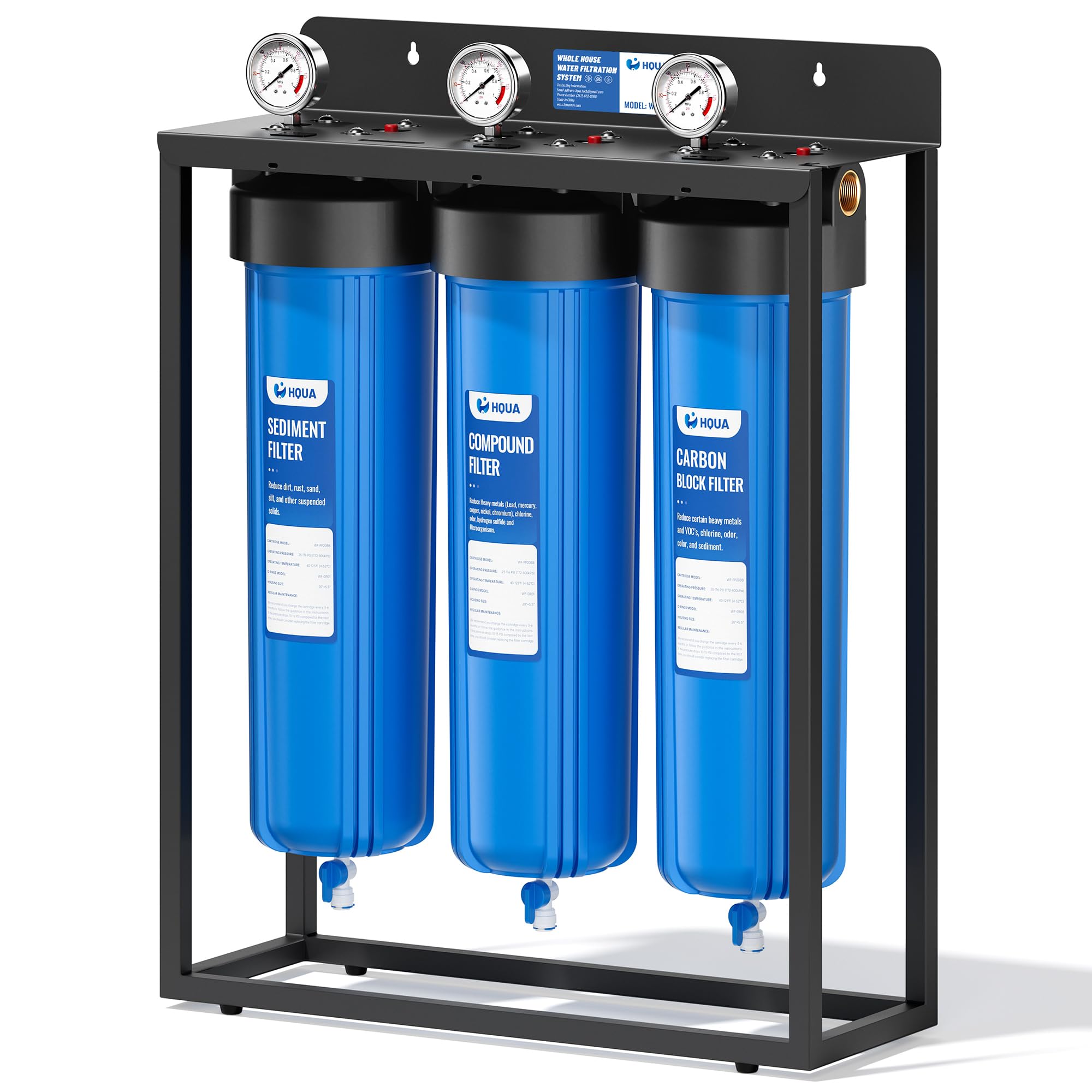 HQUA WF3-01 3-Stage Whole House Water Filtration System, Reduces Heavy Metals (Lead, Mercury, Copper, Nickel, Chromium), Chloramine, Sediment, Odor, and VOC’s