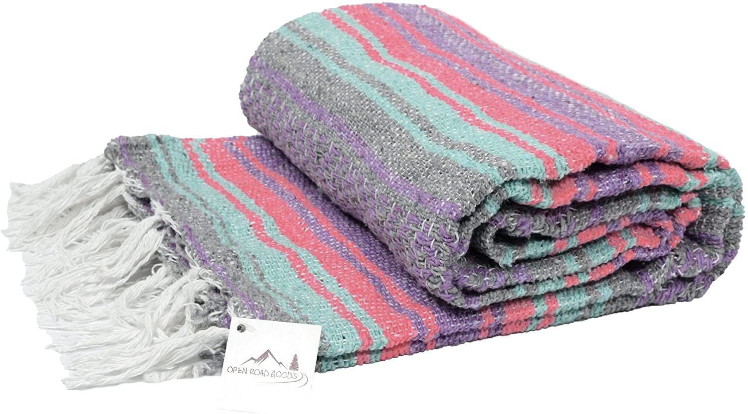 Open Road Goods Multi Color Mexican Falsa Blanket - Handwoven in Mexico - Great for The Beach, Picnics, Yoga, or a Throw! (Grey Pastel)