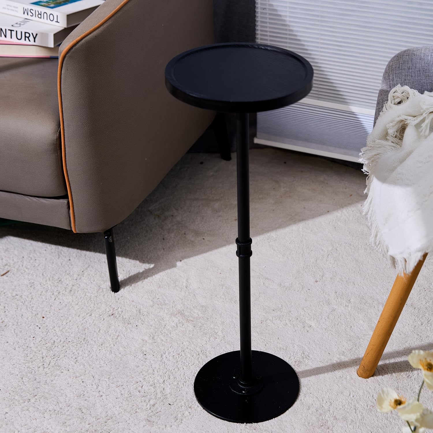 Tall Side Table, Small Round Side Tables, Drink Stand Pedestal Side Table, Accent Martini Coffee Tables, Corner Sofa Bedside End Table for Small Space, Living Room, Bedroom, Black