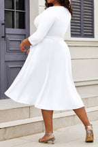 CLOCOR Women's Plus Size Midi Dress 3/4 Sleeve A-Line Swing Dress V Neck Flowy Casual Dresses White 2X-Large