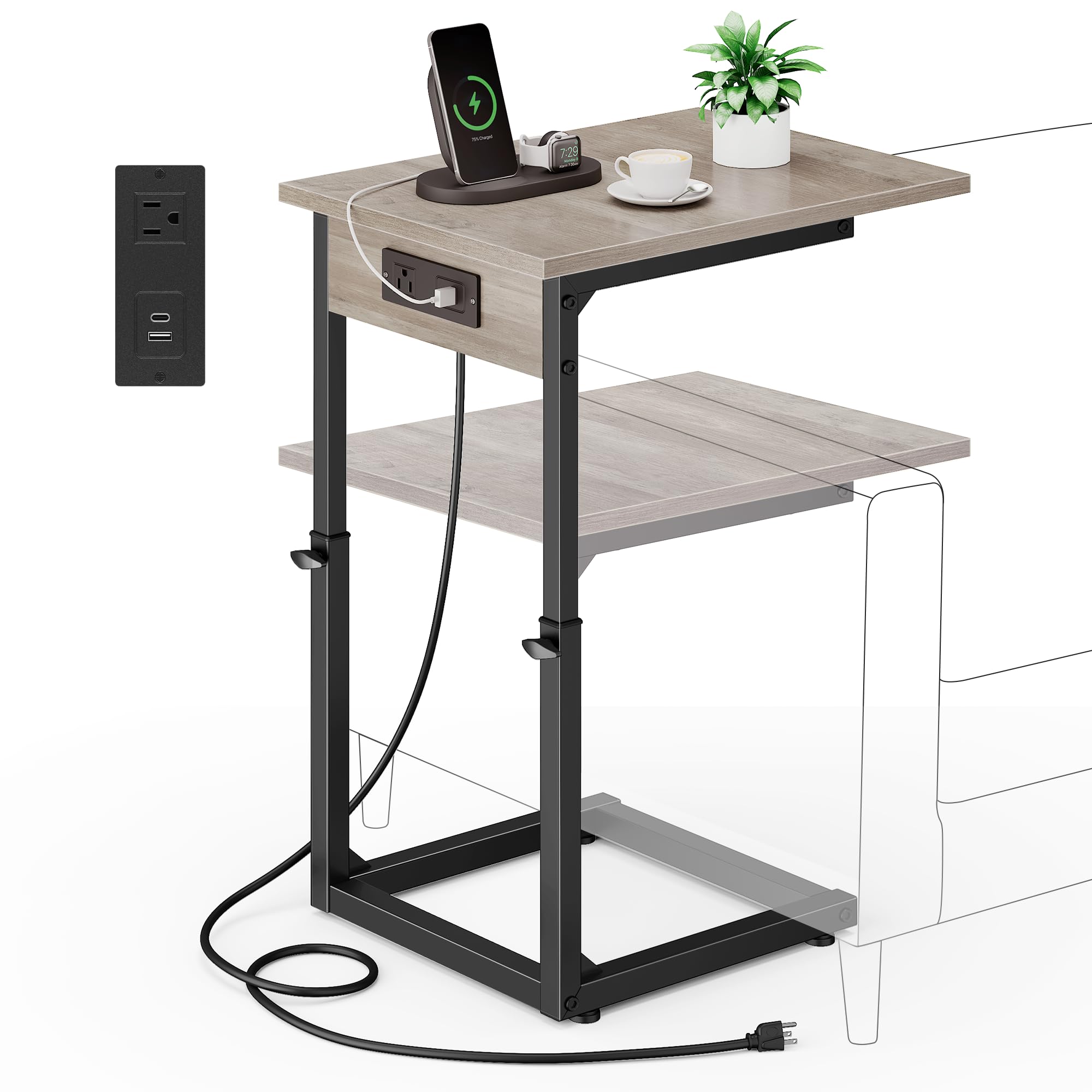 Vagusicc C Shaped End Table, 33" Tall Couch Table Adjustable Height Side Table, Sofa Table That Slide Under, C Table End Table TV Tray Coffee Arm Table for Living Room, Bedroom, Small Spaces, Brown