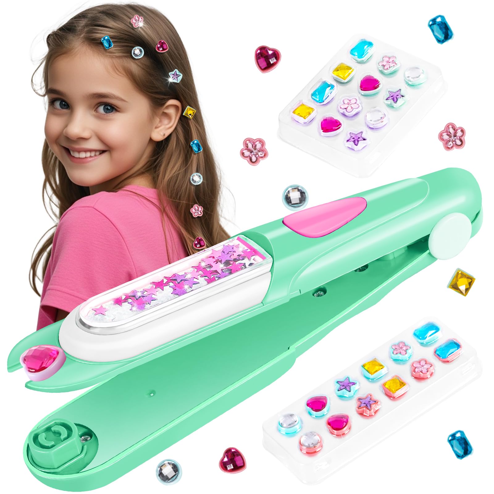 Hair Gem Stamper Kit, Bling Hair Jewels for Girls Toys, Hair Styling Tool with Reusable Shining Diamonds, Birthday Gifts Toys for Girls Ages 3 4 5 6 8-12