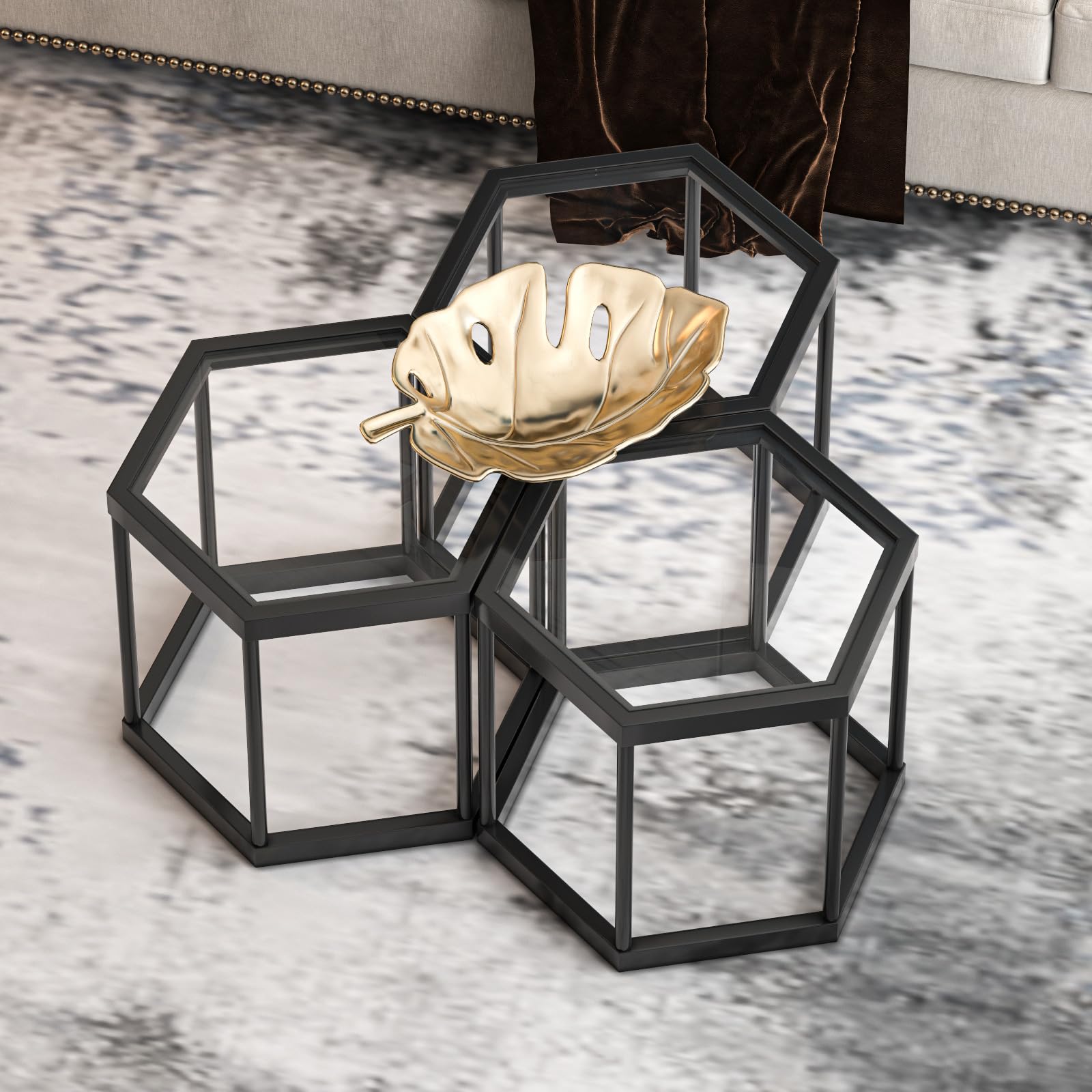 Gold Glass Coffee Table Modern Glass Center Table, Hexagon Free Combination Coffee Table Small End Tables for Living Room Set of 3