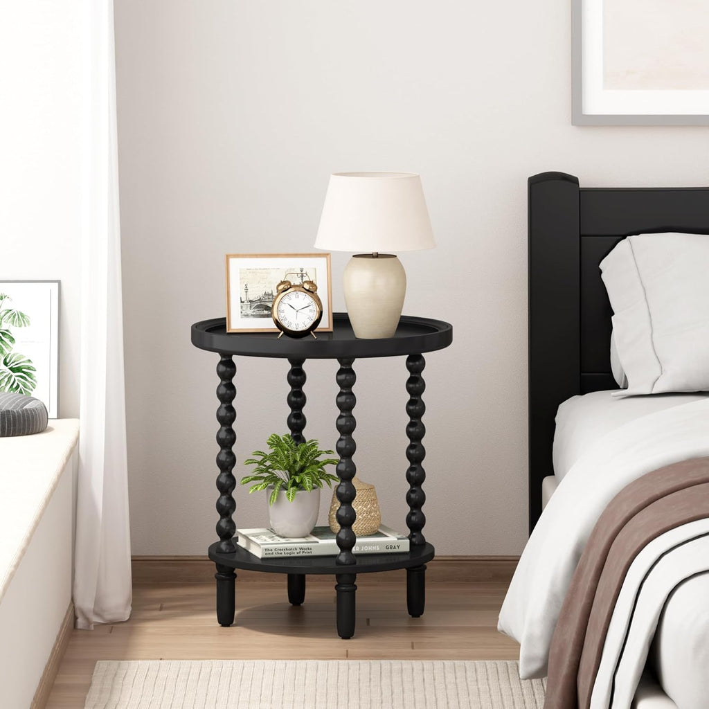 Gadroad Round End Table with Storage Shelf, 2 Tier Couch Side Table, Wood Coffee Table for Living Room, Bedroom, Black 19.3 * 19.3 * 25.6 inches