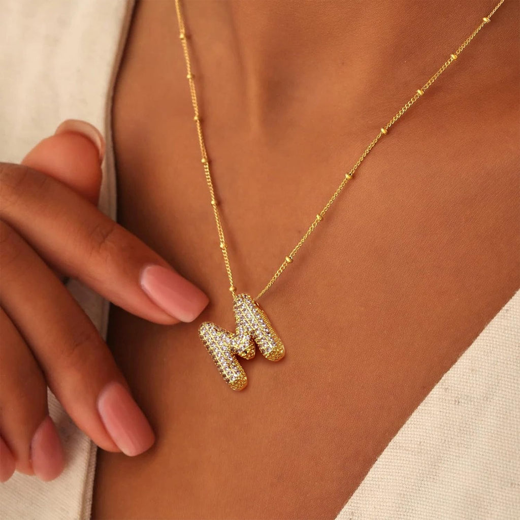 LEXODY Bubble Letter Necklace Gold for Women, Dainty 14K Gold A-Z Diamond Balloon Initial Necklaces Trendy Simple Chunky Cubic Zirconia Alphabet Necklace Waterproof Jewelry for Women Gifts
