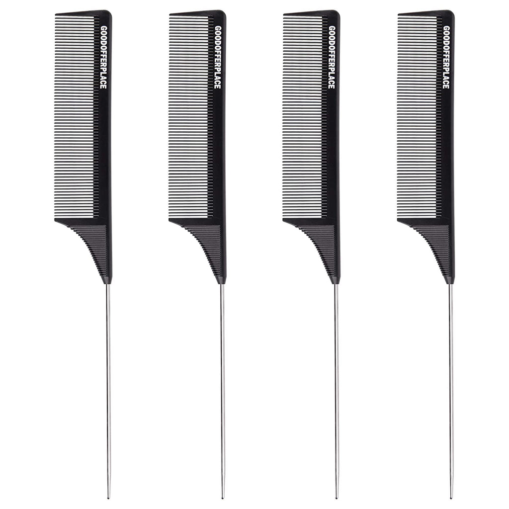 Goodofferplace 4 PCS Peignes à Queue de Rat Peignes à Queue de Rat pour Séparer Peigne à Dents Fines pour Crêpage avec Pique en Métal pour Cheveux Bouclés, Peignes Démêlants pour Femmes, Peignes à Séparer pour Tressage, Coiffage des Cheveux (Noir)