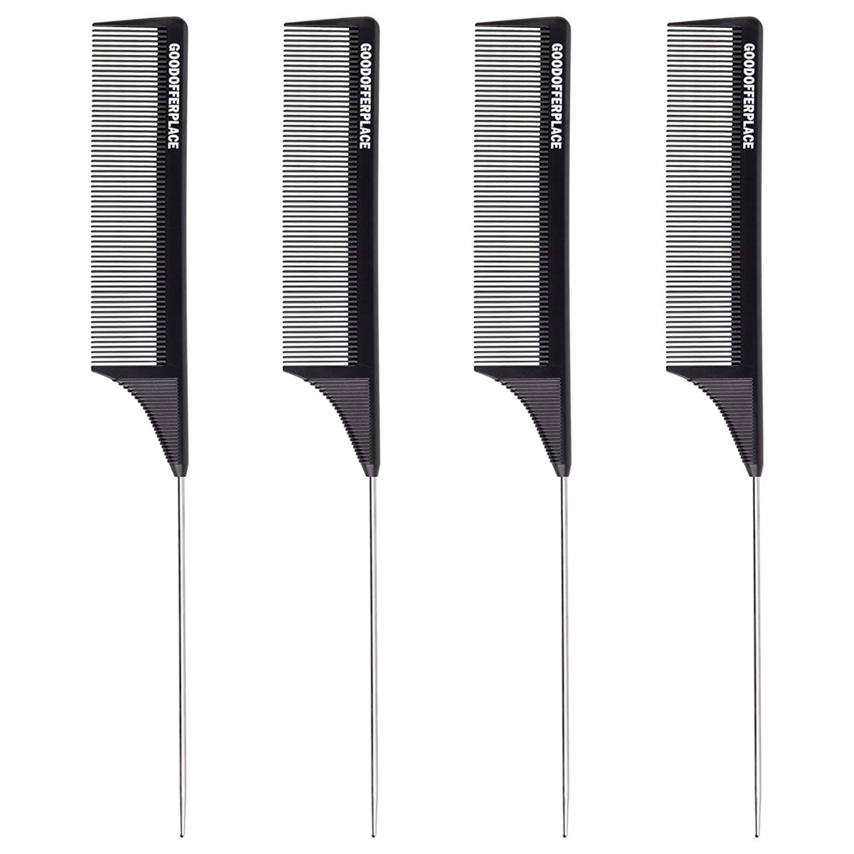 Goodofferplace 4 PCS Peignes à Queue de Rat Peignes à Queue de Rat pour Séparer Peigne à Dents Fines pour Crêpage avec Pique en Métal pour Cheveux Bouclés, Peignes Démêlants pour Femmes, Peignes à Séparer pour Tressage, Coiffage des Cheveux (Noir)