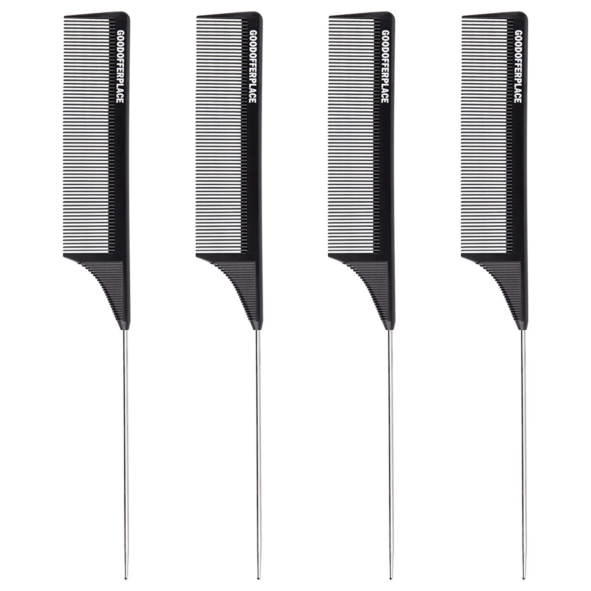 Goodofferplace 4 PCS Rat Tail Combs Parting Rattail Combs Teasing Fine Tooth Comb with Metal Pick for Curly Hair,Detangling Combs for Women,Parting Combs for Braiding,Styling Hair(Black)